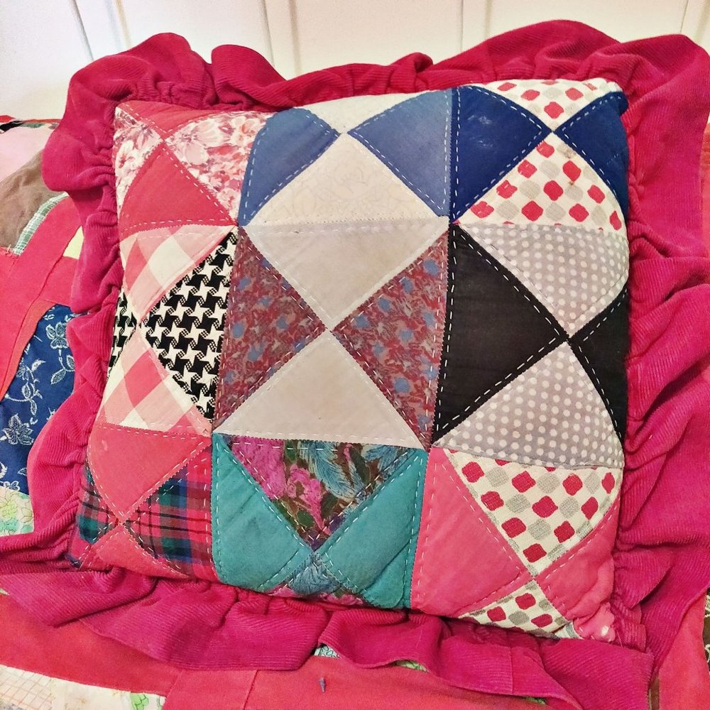 Vintage Patchwork Ruffle Pillow Bright Red Groovy Prints Flowers Stars Check BOH